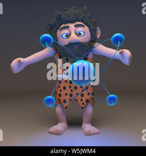 3d caveman in animal pelt studying the atom, 3d illustration render Stock Photo