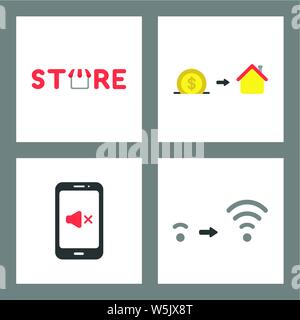 Vector icon concept set. Store, save money and buy house, smartphone sound off, wifi signal increase. Stock Vector