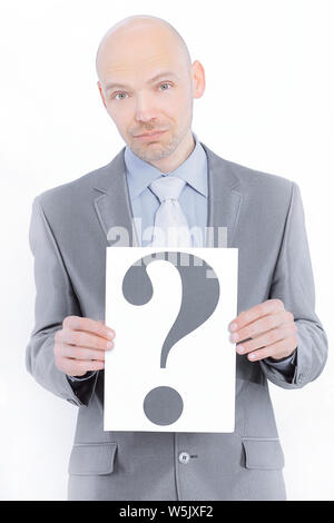 confident businessman holding a banner with a question mark .isolated on white Stock Photo