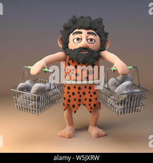 3d caveman has filled his shopping baskets with wonderful rocks, 3d illustration render Stock Photo