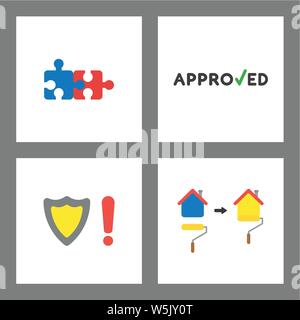 Vector icon concept set. Connected puzzle, approved with check mark, shield and exclamation mark, painting house. Stock Vector