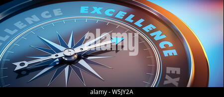 Dark compass with needle pointing to the word excellence - 3D illustration Stock Photo