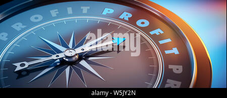 Dark compass with needle pointing to the word profit - 3D illustration Stock Photo