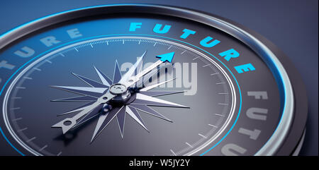 Dark compass with needle pointing to the word future - 3D illustration Stock Photo