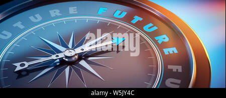 Dark compass with needle pointing to the word future - 3D illustration Stock Photo