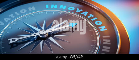 Dark compass with needle pointing to the word innovation - 3D illustration Stock Photo