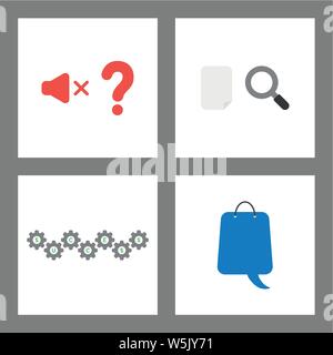 Vector icon concept set. Sound off, blank paper and magnifying glass, success gears, shopping bag with speech bubble. Stock Vector