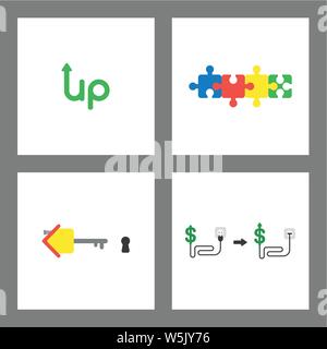 Vector icon concept set. Up word with arrow up, connected puzzle pieces, house key and keyhole, dollar with cable, plug and plugged into outlet and ar Stock Vector