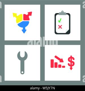 Vector icon concept set. Three parts of diagram, clipboard with check mark and x mark, spanner, sales chart and dollar arrow down. Stock Vector