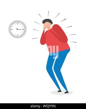 The man is looking at the clock and is very stressed, hand-drawn vector illustration. Colored flat style. Stock Vector