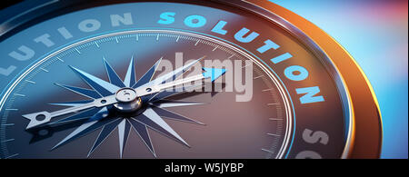 Dark compass with needle pointing to the word solution - 3D illustration Stock Photo