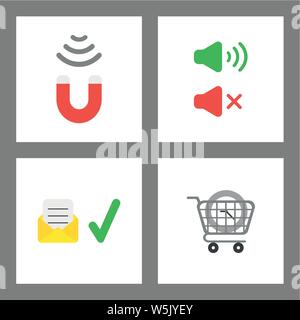 Vector icon concept set. Magnet attracting, sound on and off, envelope with written paper and check mark, clock inside shopping cart. Stock Vector