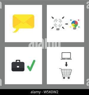Vector icon concept set. Envelope with speech bubble, light bulb puzzle connecting and glowing, briefcase and check mark, laptop into shopping cart. Stock Vector