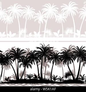 Horizontal Seamless Patterns, Summer Tropical Forest, Tile Landscapes with Exotic Palms Trees and Grass, Black and Grey Silhouettes on White and White on Grey Background. Vector Stock Vector