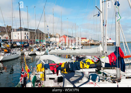 Yachts tied up in Lerwick Harbour on Shetland Mainland. Stock Photo