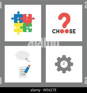 Vector icon concept set. Connected plan puzzle pieces, choose word with question mark, pencil writing on paper with thought bubble and clock inside ge Stock Vector