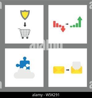 Vector icon concept set. Shield into shopping cart, sales chart arrow down and up, puzzle piece on cloud, closed and opened envelope with blank paper. Stock Vector