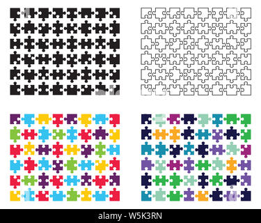 Illustration of white, black and colorful puzzles, separate pieces Stock Photo