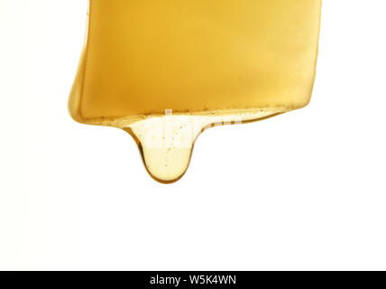 Honey dripping from a piece of cheese. Macro. Stock Photo