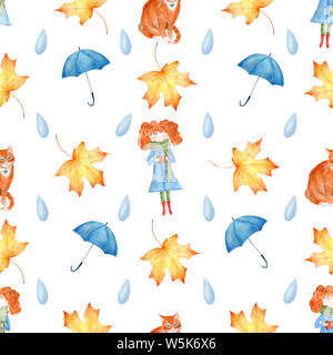 Autumn season symbols seamless watercolor raster pattern. Fall attributes decorative texture. Wallpaper, wrapping paper, textile watercolour design. L Stock Photo