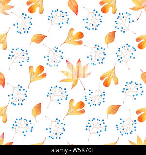 Forest foliage and berries seamless watercolor raster pattern. Autumn woodland symbols decorative texture. Wallpaper, wrapping paper watercolour desig Stock Photo