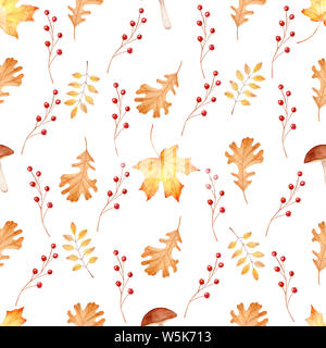 Autumn season forest flora seamless watercolor raster pattern. Fall attributes decorative background. Wallpaper, wrapping paper, textile watercolour d Stock Photo
