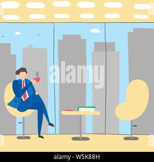 Businessman break time, drinking coffee or tea, hand-drawn vector illustration. Colored flat style. Stock Vector
