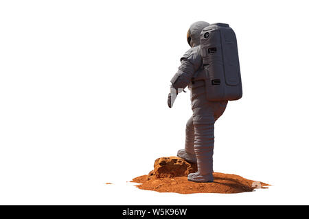 astronaut on planet Mars, isolated on white background (3d science rendering) Stock Photo