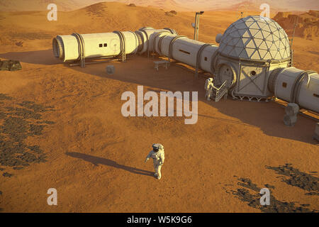 Mars base with astronauts, station on the surface of the red planet Stock Photo