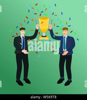 Winner two businessman holding trophy cup , success concept Stock Vector