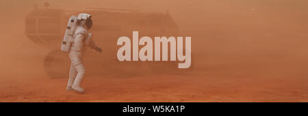 astronaut on planet Mars, explorer and vehicle surrounded by a sandstorm Stock Photo