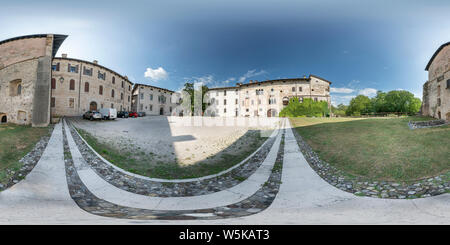 360 degree panoramic view of Spilimbergo, Friuli Venezia-Giulia region, Italy. July 29, 2019.  360 degree spherical panoramic view of the castle court