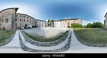 360 degree panoramic view of Spilimbergo, Friuli Venezia-Giulia region, Italy. July 29, 2019.  360 degree spherical panoramic view of the castle court