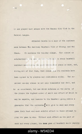 Charles Comiskey Affidavit, 01/14/1915 - 01/14/1915; Note that the original TIFF file could not be located for page 1, so it has been supplied as a smaller JPG.  Scope and content:  This item is an affidavit of Charles Comiskey, owner of the Chicago White Sox.  The affidavit is a history of his career in baseball, starting with his playing days and continuing through his ownership of the White Sox.  He details his contractual actions with specific players who were involved in the suit for signing contracts with multiple teams.  The affidavit includes the name of the court, case number and titl Stock Photo