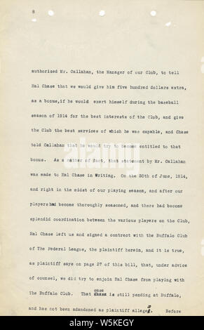 Charles Comiskey Affidavit, 01/14/1915 - 01/14/1915; Note that the original TIFF file could not be located for page 1, so it has been supplied as a smaller JPG.  Scope and content:  This item is an affidavit of Charles Comiskey, owner of the Chicago White Sox.  The affidavit is a history of his career in baseball, starting with his playing days and continuing through his ownership of the White Sox.  He details his contractual actions with specific players who were involved in the suit for signing contracts with multiple teams.  The affidavit includes the name of the court, case number and titl Stock Photo