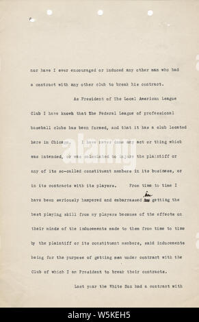 Charles Comiskey Affidavit, 01/14/1915 - 01/14/1915; Note that the original TIFF file could not be located for page 1, so it has been supplied as a smaller JPG.  Scope and content:  This item is an affidavit of Charles Comiskey, owner of the Chicago White Sox.  The affidavit is a history of his career in baseball, starting with his playing days and continuing through his ownership of the White Sox.  He details his contractual actions with specific players who were involved in the suit for signing contracts with multiple teams.  The affidavit includes the name of the court, case number and titl Stock Photo