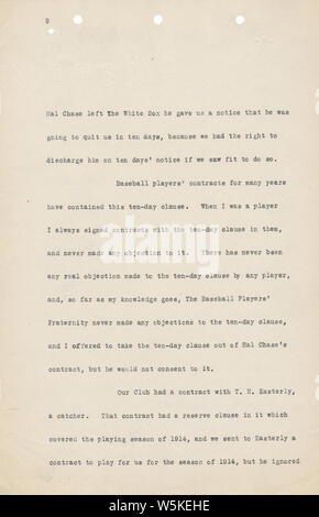 Charles Comiskey Affidavit, 01/14/1915 - 01/14/1915; Note that the original TIFF file could not be located for page 1, so it has been supplied as a smaller JPG.  Scope and content:  This item is an affidavit of Charles Comiskey, owner of the Chicago White Sox.  The affidavit is a history of his career in baseball, starting with his playing days and continuing through his ownership of the White Sox.  He details his contractual actions with specific players who were involved in the suit for signing contracts with multiple teams.  The affidavit includes the name of the court, case number and titl Stock Photo