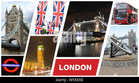 Famous London architecture landmarks and commonly used everyday objects collage Stock Photo
