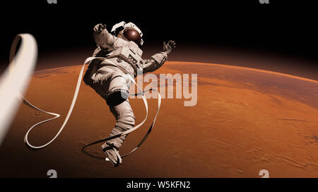 astronaut performing a space walk in orbit of planet Mars Stock Photo