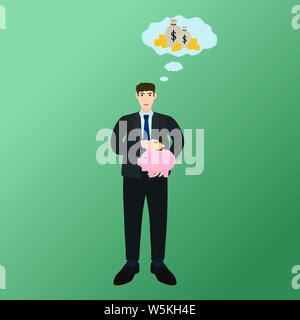 Businessman saving money to piggy bank and thinking to rich Stock Vector