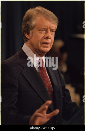 Close up head shot of Jimmy Carter during a press conference. Stock Photo