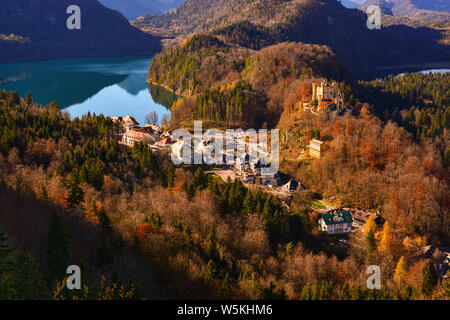Alpsee lake and Hohenschwangau castle, Alpine landscape near Füssen town in Bavaria, Germany. Stock Photo