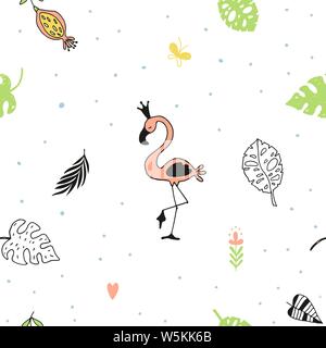 Childish seamless pattern with cute safari animals. Vector background with flamingo Stock Vector