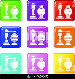 Chemical installation icons set 9 color collection Stock Vector