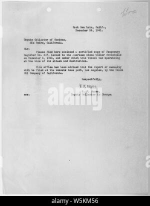 Cover Letter for Certified Copy Temporary Register No. 8-F; Scope and content:  Cover letter for a certified copy of theTemporary Register No. 8-F under which the vessel was operating. The Temporary Register was transmitted to the Deputy Collector of Customs at the S. S. Montebello's home port of San Pedro as a replacement for the one lost during the sinking of the vessel on December 23, 1941. Stock Photo