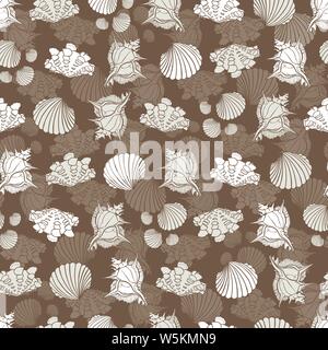 Vector brown and white repeat pattern with seashells. Perfect for fabric, scrapbooking, wallpaper projects. Stock Vector