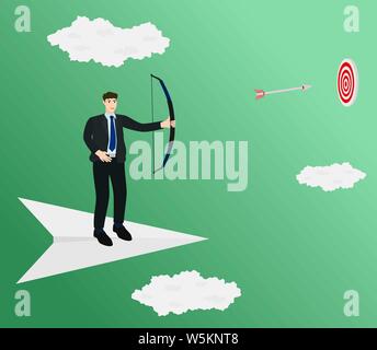Businessman standing on paper plane and archery arrow to center target , success concept Stock Vector
