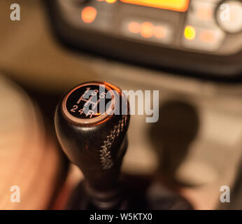 Gear knob. of a car at night. Stock Photo