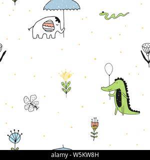 Childish seamless pattern with cute safari animals. Vector background with elephant and crocodile Stock Vector