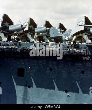 Curtiss SB2C-1 Helldivers on deck of USS Yorktown (CV-10), circa in May 1943 (80-G-K-15598). Stock Photo